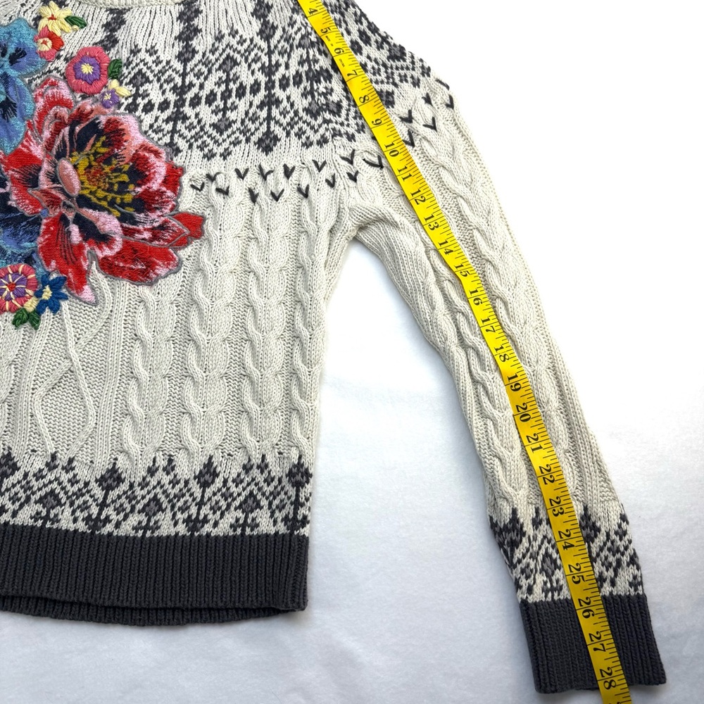 Anthropologie Cream Cable-Knit Sweater with Floral Embroidery - Picture 6 of 15